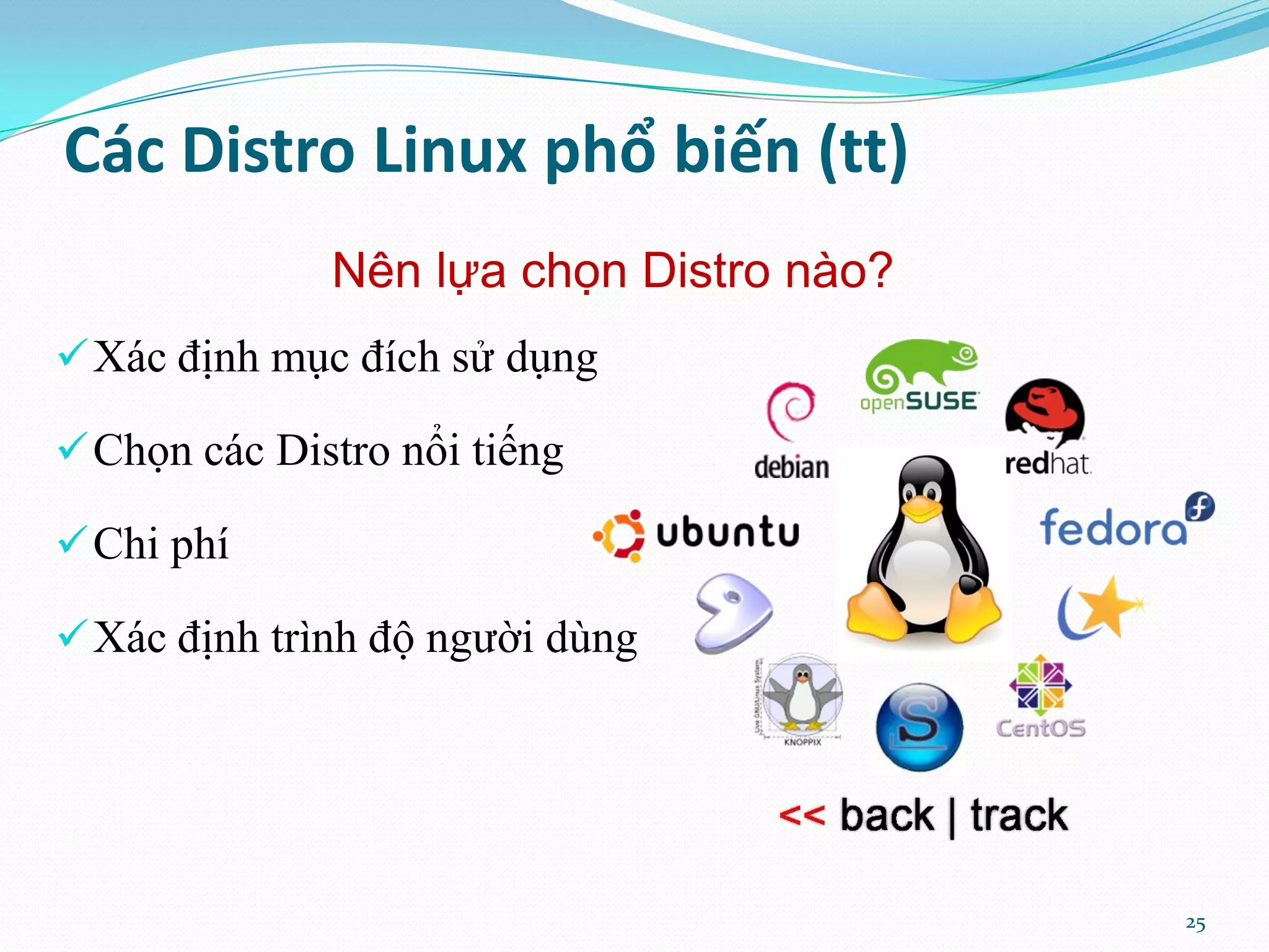 Các Distro Linux phổ biến (tt) Nên lựa chọn Distro nào?  Xác định mục đích sử dụng  Chọn các Distro nổi tiếng  Chi phí  Xác định trình độ người dùng 25 