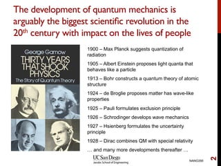 The development of quantum mechanics is
arguably the biggest scientiﬁc revolution in the
20th century with impact on the lives of people
1900 – Max Planck suggests quantization of
radiation
1905 – Albert Einstein proposes light quanta that
behaves like a particle
1913 – Bohr constructs a quantum theory of atomic
structure
1924 – de Broglie proposes matter has wave-like
properties
1925 – Pauli formulates exclusion principle
1926 – Schrodinger develops wave mechanics
1927 – Hsienberg formulates the uncertainty
principle
1928 – Dirac combines QM with special relativity
… and many more developments thereafter …
NANO266
2
 