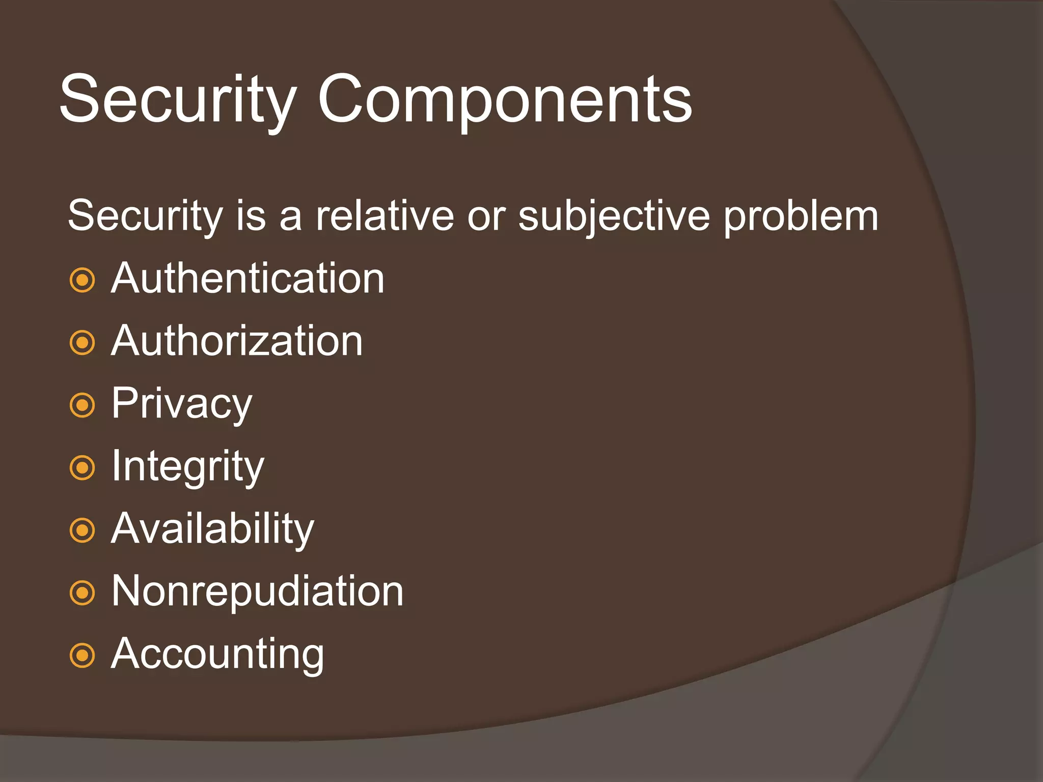 Security Components
Security is a relative or subjective problem
 Authentication
 Authorization
 Privacy
 Integrity
 Availability
 Nonrepudiation
 Accounting
 