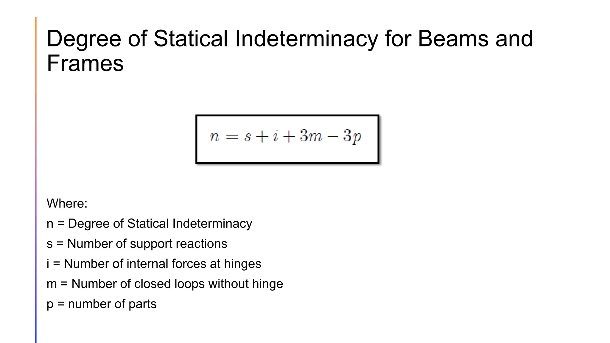 Degree of Statical Indeterminacy for Beams and
Frames
Where:
n = Degree of Statical Indeterminacy
s = Number of support reactions
i = Number of internal forces at hinges
m = Number of closed loops without hinge
p = number of parts
 