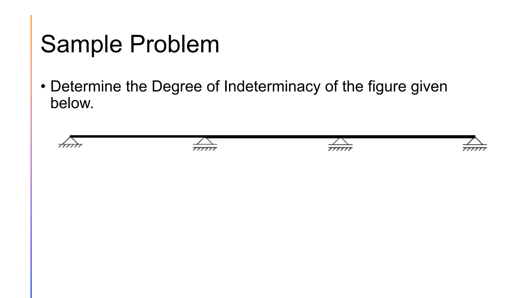 Sample Problem
• Determine the Degree of Indeterminacy of the figure given
below.
 
