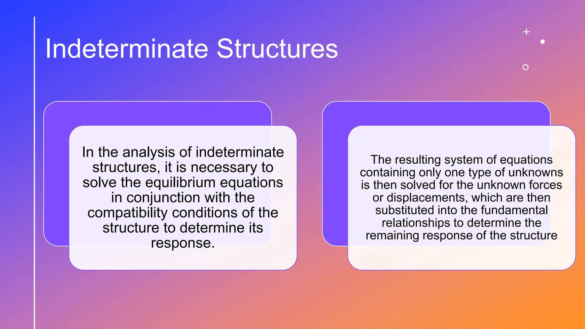 Indeterminate Structures
In the analysis of indeterminate
structures, it is necessary to
solve the equilibrium equations
in conjunction with the
compatibility conditions of the
structure to determine its
response.
The resulting system of equations
containing only one type of unknowns
is then solved for the unknown forces
or displacements, which are then
substituted into the fundamental
relationships to determine the
remaining response of the structure
 