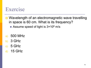 Exercise
 Wavelength of an electromagnetic wave travelling
in space is 60 cm. What is its frequency?
 Assume speed of light is 3×108 m/s
a) 500 MHz
b) 3 GHz
c) 5 GHz
d) 15 GHz
10
 