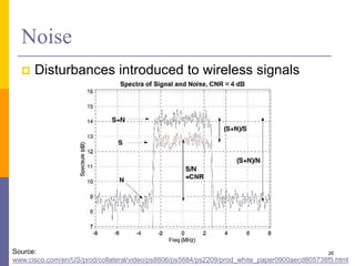 Noise
 Disturbances introduced to wireless signals
26Source:
www.cisco.com/en/US/prod/collateral/video/ps8806/ps5684/ps2209/prod_white_paper0900aecd805738f5.html
 
