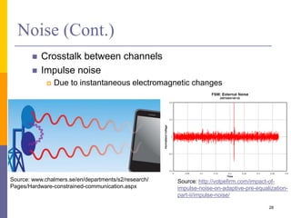 Noise (Cont.)
 Crosstalk between channels
 Impulse noise
 Due to instantaneous electromagnetic changes
28
Source: http://volpefirm.com/impact-of-
impulse-noise-on-adaptive-pre-equalization-
part-ii/impulse-noise/
Source: www.chalmers.se/en/departments/s2/research/
Pages/Hardware-constrained-communication.aspx
 