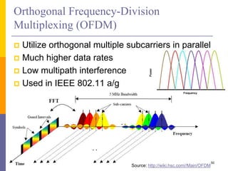 Orthogonal Frequency-Division
Multiplexing (OFDM)
 Utilize orthogonal multiple subcarriers in parallel
 Much higher data rates
 Low multipath interference
 Used in IEEE 802.11 a/g
50
Source: http://wiki.hsc.com//Main/OFDM
 