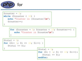for 
$counter = 0; 
while ($counter < 10) { 
echo "Counter is {$counter}n"; 
$counter++; 
} 
for ($counter = 0; $counter < 10; $counter++) { 
echo "Counter is $countern"; 
} 
$total = 0; 
for ($i= 1; $i <= 10; $i++) { 
$total += $i; 
} 
$total = 0; 
for ($i = 1; $i <= 10; $i++): 
$total += $i; 
endfor;  