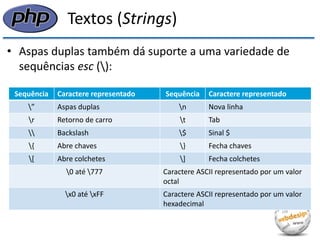 Textos (Strings) 
•Aspas duplas também dá suporte a uma variedade de sequências esc (): 
Sequência 
Caractere representado 
Sequência 
Caractere representado 
” 
Aspas duplas 
n 
Nova linha 
r 
Retorno de carro 
t 
Tab 
 
Backslash 
$ 
Sinal $ 
{ 
Abre chaves 
} 
Fecha chaves 
[ 
Abre colchetes 
] 
Fecha colchetes 
0 até 777 
Caractere ASCII representado por um valor octal 
x0 até xFF 
Caractere ASCII representado por um valor hexadecimal  