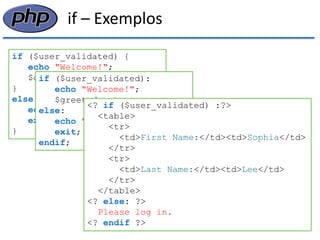 if – Exemplos 
if ($user_validated) { 
echo "Welcome!"; 
$greeted = 1; 
} 
else { 
echo "Access Forbidden!"; 
exit; 
} 
if ($user_validated): echo "Welcome!"; $greeted = 1; else: echo "Access Forbidden!"; exit; endif; 
<? if ($user_validated) :?> 
<table> 
<tr> 
<td>First Name:</td><td>Sophia</td> 
</tr> 
<tr> 
<td>Last Name:</td><td>Lee</td> 
</tr> 
</table> 
<? else: ?> 
Please log in. 
<? endif ?>  