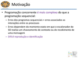 Motivação
• Programação concorrente é mais complexa do que a
programação sequencial:
– Erros dos programas sequenciais + erros associados as
interações entre os processos
– Erros dependem do momento exato em que o escalonador do
SO realiza um chaveamento de contexto ou do recebimento de
uma mensagem
– Difícil reprodução e identificação
 