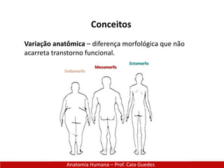 Anatomia Humana – Prof. Caio Guedes
Conceitos
Variação anatômica – diferença morfológica que não
acarreta transtorno funcional.
 
