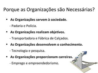 Porque as Organizações são Necessárias?
 • As Organizações servem à sociedade.
   - Padaria e Polícia.
 • As Organizações realizam objetivos.
   - Transportadora e Fábrica de Calçados.
 • As Organizações desenvolvem o conhecimento.
   - Tecnologia e pesquisa.
 • As Organizações proporcionam carreiras.
   - Emprego e empreendedorismo.
 