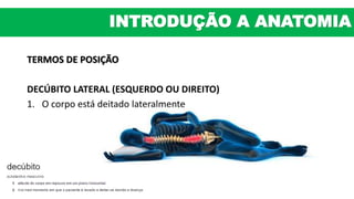 TERMOS DE POSIÇÃO
DECÚBITO LATERAL (ESQUERDO OU DIREITO)
1. O corpo está deitado lateralmente
INTRODUÇÃO A ANATOMIA
 