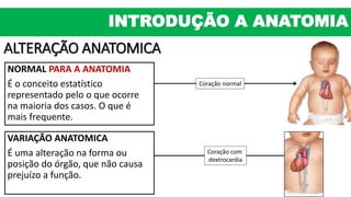 INTRODUÇÃO A ANATOMIA
ALTERAÇÃO ANATOMICA
NORMAL PARA A ANATOMIA
É o conceito estatístico
representado pelo o que ocorre
na maioria dos casos. O que é
mais frequente.
Coração normal
VARIAÇÃO ANATOMICA
É uma alteração na forma ou
posição do órgão, que não causa
prejuízo a função.
Coração com
dextrocardia
 