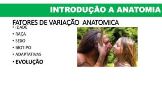 FATORES DE VARIAÇÃO ANATOMICA
• IDADE
• RAÇA
• SEXO
• BIOTIPO
• ADAPTATIVAS
• EVOLUÇÃO
INTRODUÇÃO A ANATOMIA
 