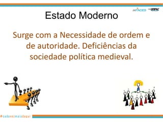 Estado Moderno
Surge com a Necessidade de ordem e
de autoridade. Deficiências da
sociedade política medieval.

38

 