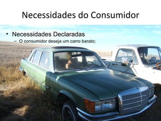 Necessidades do Consumidor
• Necessidades Declaradas
  – O consumidor deseja um carro barato;
 