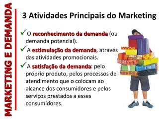 MARKETING E DEMANDA
                      3 Atividades Principais do Marketing

                      O reconhecimento da demanda (ou
                       demanda potencial).
                      A estimulação da demanda, através
                                          demanda
                       das atividades promocionais.
                      A satisfação da demanda: pelo
                                        demanda
                       próprio produto, pelos processos de
                       atendimento que o colocam ao
                       alcance dos consumidores e pelos
                       serviços prestados a esses
                       consumidores.
 