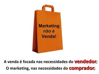 Marketing
                   não é
                  Venda!




A venda é focada nas necessidades do vendedor;
 O marketing, nas necessidades do comprador;
 