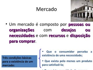 Mercado

  • Um mercado é composto por pessoas ou
    organizações     com     desejos      ou
    necessidades e com recursos e disposição
    para comprar.
         comprar

                           • Que o consumidor perceba a
                           existência de uma necessidade;
Três condições básicas
para a existência de um    • Que exista pelo menos um produto
mercado:                   para satisfazê-la;
 