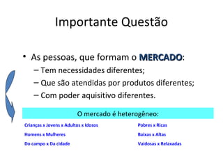 Importante Questão

• As pessoas, que formam o MERCADO:
                           MERCADO
    – Tem necessidades diferentes;
    – Que são atendidas por produtos diferentes;
    – Com poder aquisitivo diferentes.

                         O mercado é heterogêneo:
Crianças x Jovens x Adultos x Idosos      Pobres x Ricas
Homens x Mulheres                         Baixas x Altas
Do campo x Da cidade                      Vaidosas x Relaxadas
 