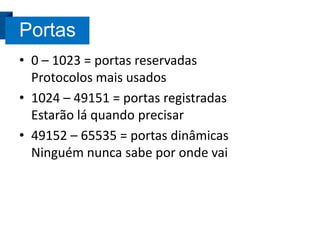 Portas
• 0 – 1023 = portas reservadas
Protocolos mais usados
• 1024 – 49151 = portas registradas
Estarão lá quando precisar
• 49152 – 65535 = portas dinâmicas
Ninguém nunca sabe por onde vai

 