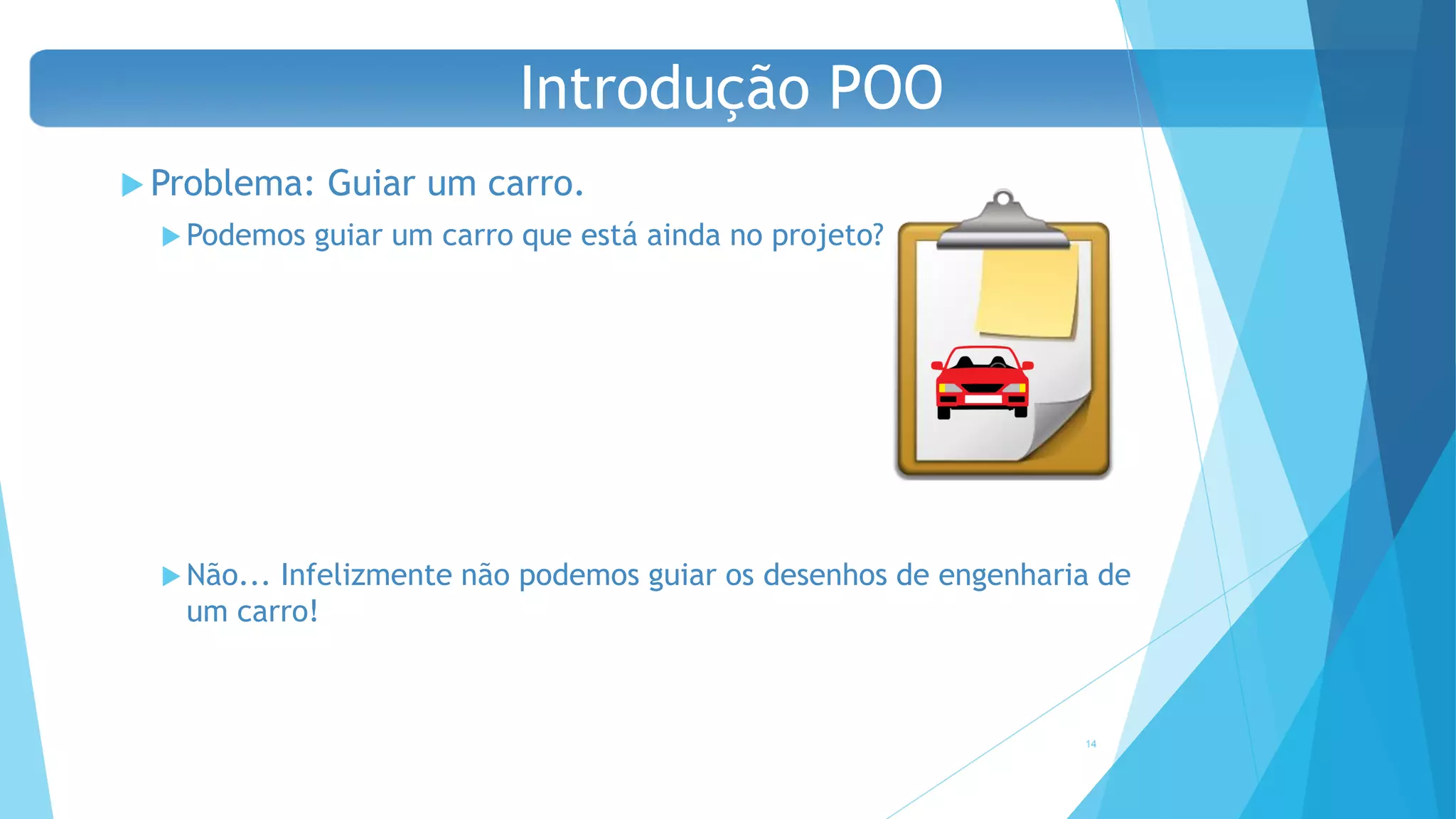  Problema: Guiar um carro.
 Podemos guiar um carro que está ainda no projeto?
 Não... Infelizmente não podemos guiar os desenhos de engenharia de
um carro!
14
Introdução POO
 
