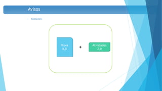 Avisos
• Avaliações:
5
Prova
8,0 +
Atividades
2,0
 
