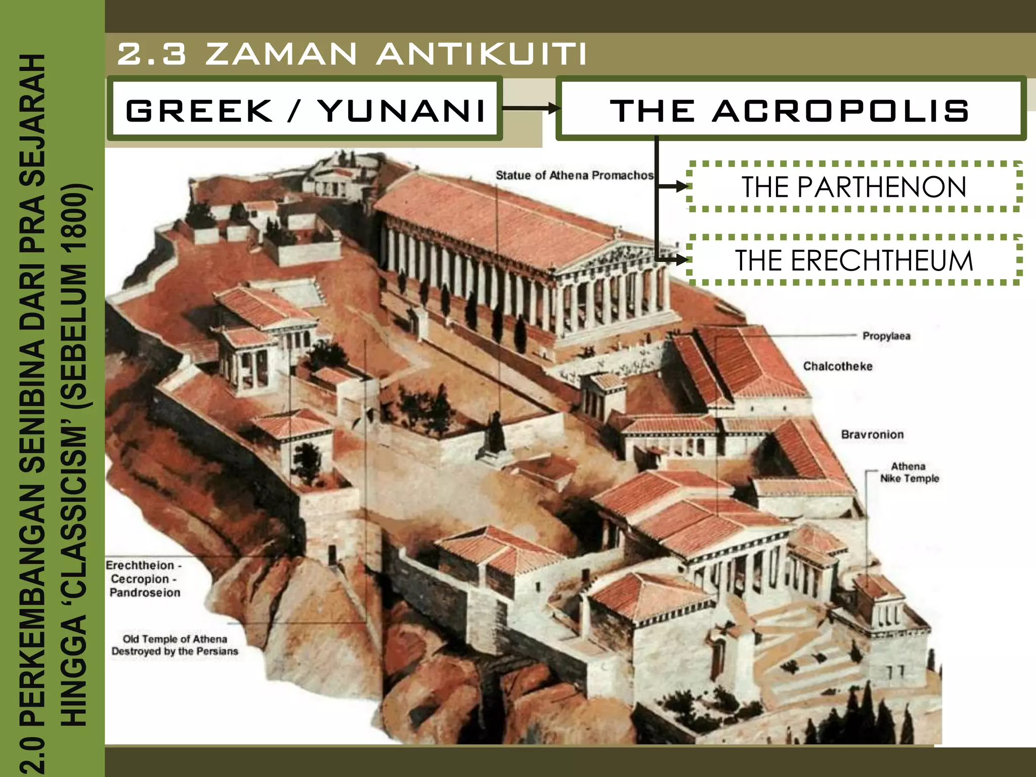 2.0 PERKEMBANGAN SENIBINA DARI PRA SEJARAH
    HINGGA ‘CLASSICISM’ (SEBELUM 1800)
                                                             GREEK / YUNANI
                                                             2.3 ZAMAN ANTIKUITI


                                             THE PARTHENON
                                                                                 THE ACROPOLIS


                            THE ERECHTHEUM
 