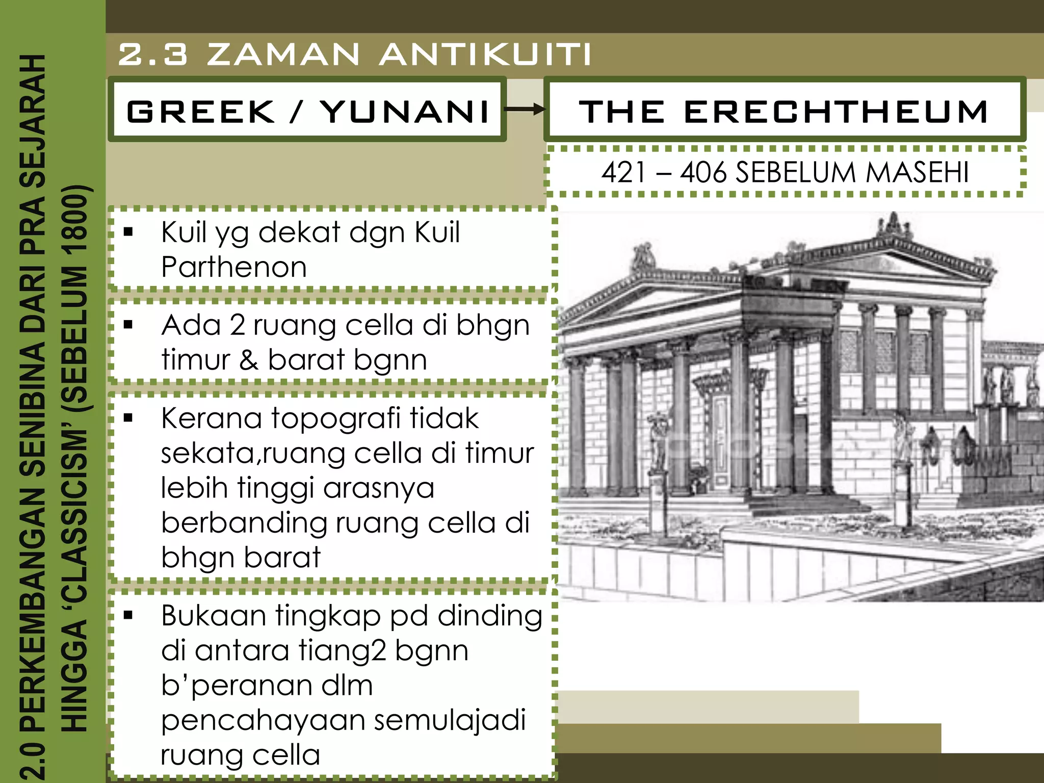 2.0 PERKEMBANGAN SENIBINA DARI PRA SEJARAH
                                             2.3 ZAMAN ANTIKUITI
                                             GREEK / YUNANI    THE ERECHTHEUM
                                                                             421 – 406 SEBELUM MASEHI
    HINGGA ‘CLASSICISM’ (SEBELUM 1800)



                                              Kuil yg dekat dgn Kuil
                                               Parthenon
                                              Ada 2 ruang cella di bhgn
                                               timur & barat bgnn

                                              Kerana topografi tidak
                                               sekata,ruang cella di timur
                                               lebih tinggi arasnya
                                               berbanding ruang cella di
                                               bhgn barat
                                              Bukaan tingkap pd dinding
                                               di antara tiang2 bgnn
                                               b’peranan dlm
                                               pencahayaan semulajadi
                                               ruang cella
 