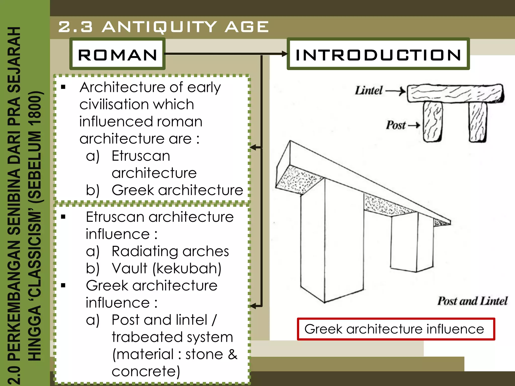 2.3 ANTIQUITY AGE
2.0 PERKEMBANGAN SENIBINA DARI PRA SEJARAH

                                               ROMAN                        INTRODUCTION
                                              Architecture of early
    HINGGA ‘CLASSICISM’ (SEBELUM 1800)


                                               civilisation which
                                               influenced roman
                                               architecture are :
                                                a) Etruscan
                                                      architecture
                                                b) Greek architecture
                                                Etruscan architecture
                                                 influence :
                                                 a) Radiating arches
                                                 b) Vault (kekubah)
                                                Greek architecture
                                                 influence :
                                                 a) Post and lintel /
                                                                            Greek architecture influence
                                                      trabeated system
                                                      (material : stone &
                                                      concrete)
 