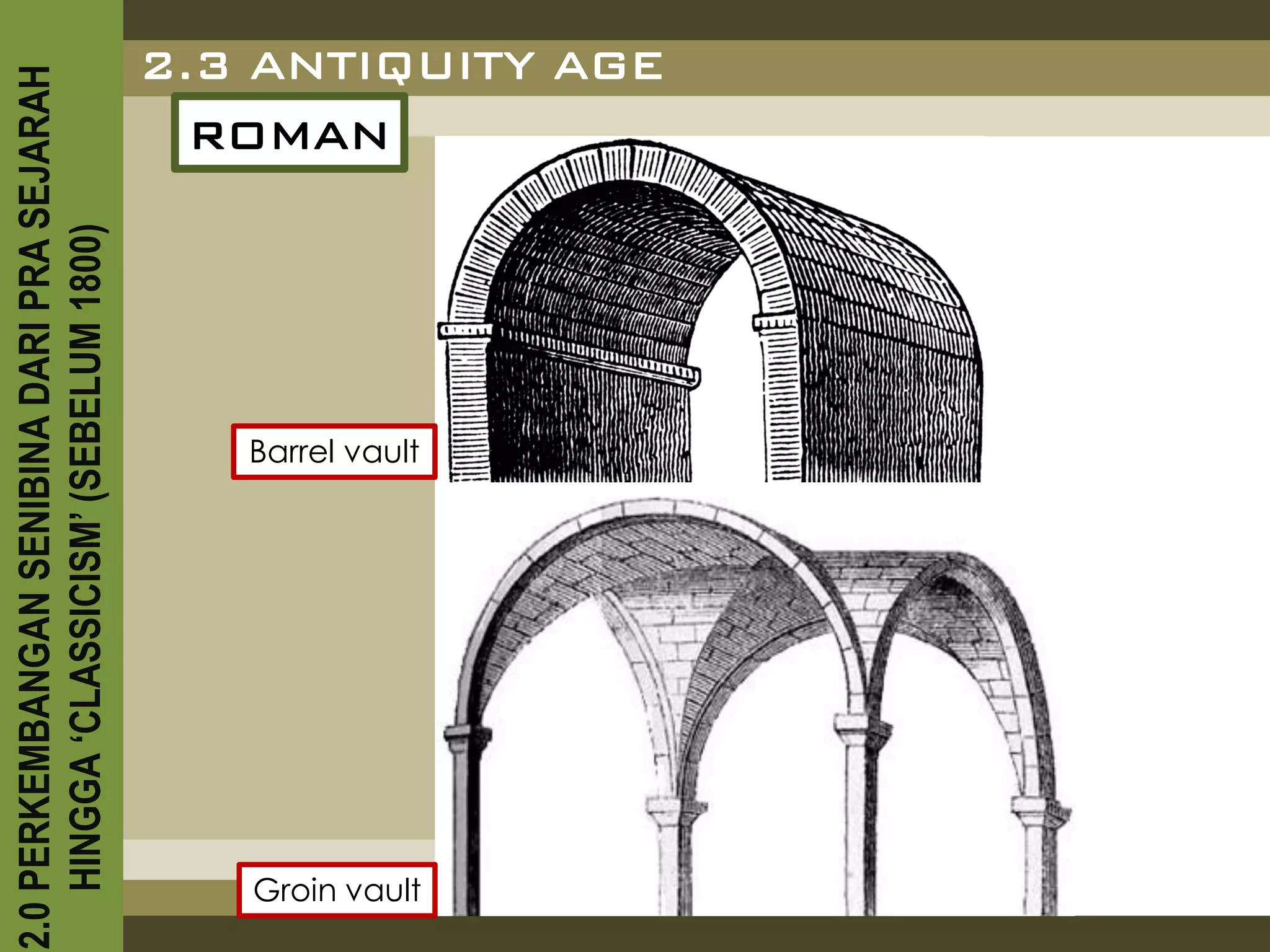 2.0 PERKEMBANGAN SENIBINA DARI PRA SEJARAH
    HINGGA ‘CLASSICISM’ (SEBELUM 1800)
                                       ROMAN




                      Barrel vault




 Groin vault
                                     2.3 ANTIQUITY AGE
 