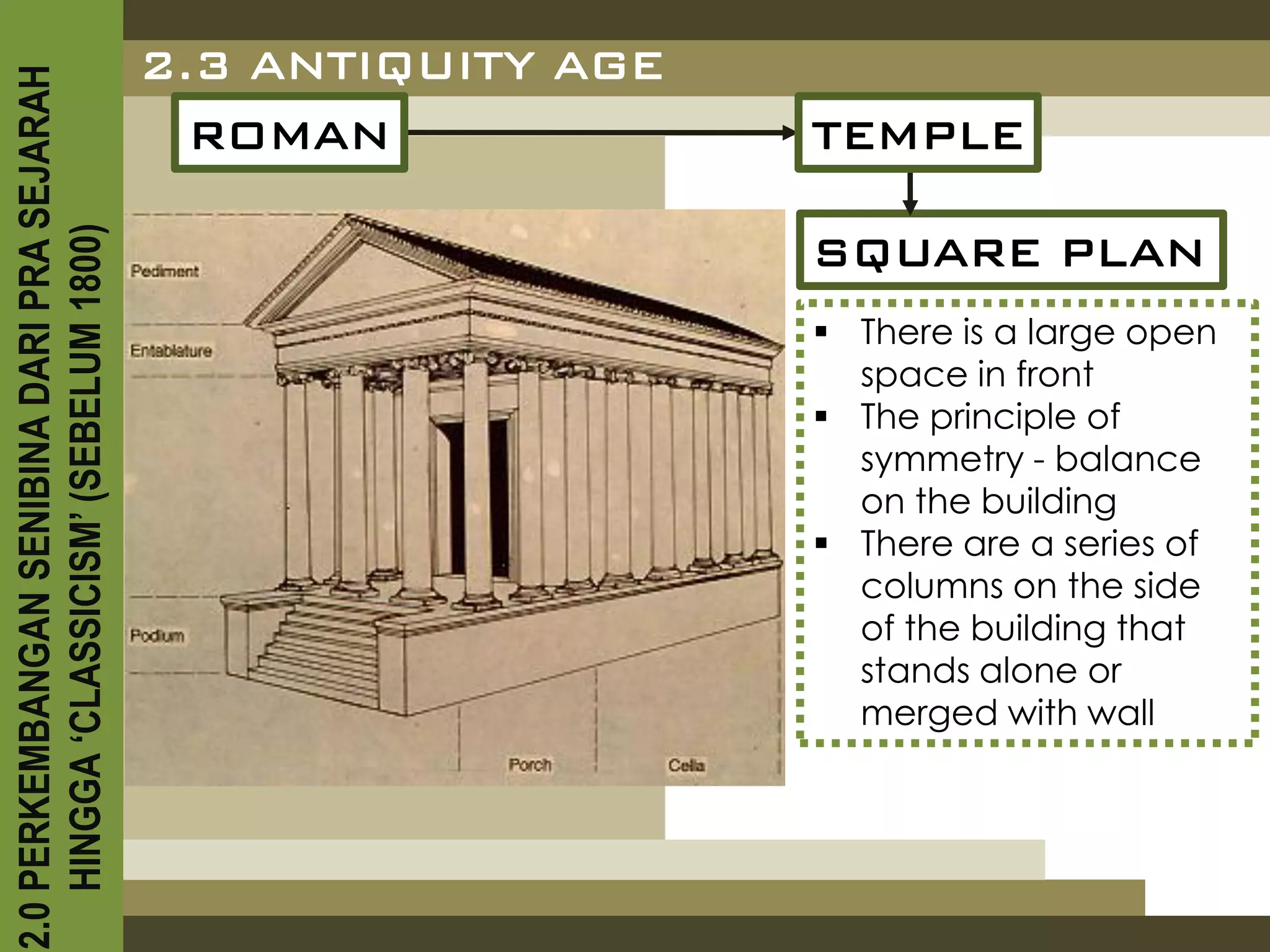 2.3 ANTIQUITY AGE
2.0 PERKEMBANGAN SENIBINA DARI PRA SEJARAH

                                               ROMAN             TEMPLE
    HINGGA ‘CLASSICISM’ (SEBELUM 1800)


                                                                 SQUARE PLAN
                                                                  There is a large open
                                                                   space in front
                                                                  The principle of
                                                                   symmetry - balance
                                                                   on the building
                                                                  There are a series of
                                                                   columns on the side
                                                                   of the building that
                                                                   stands alone or
                                                                   merged with wall
 