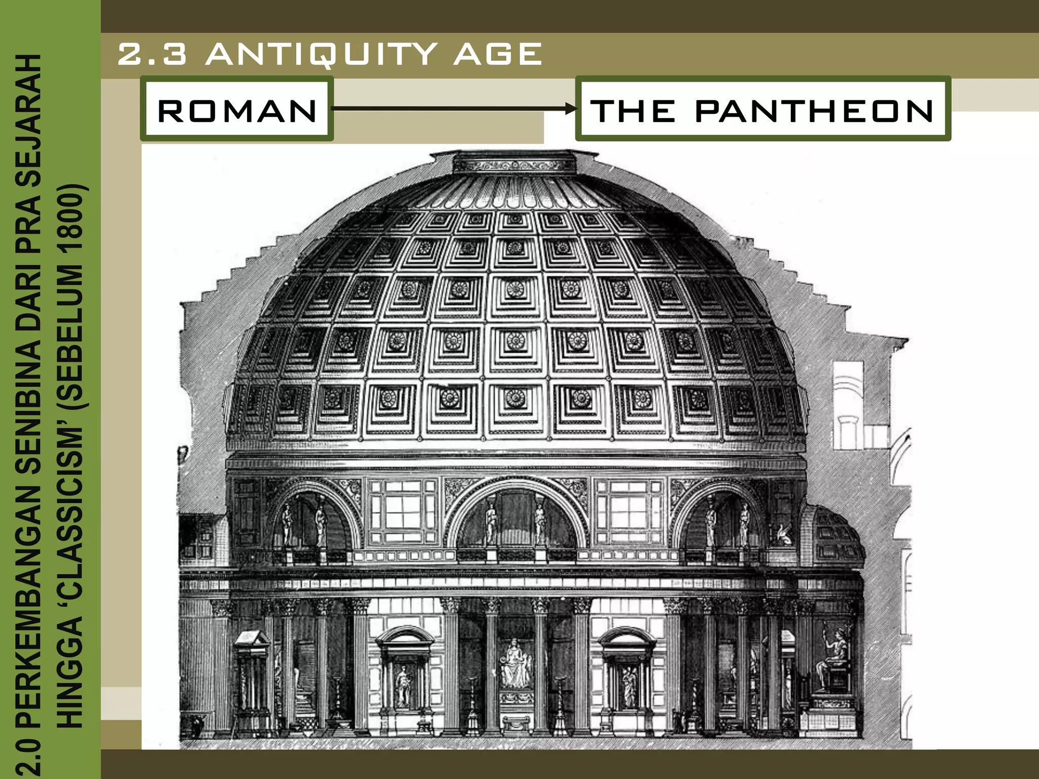 2.0 PERKEMBANGAN SENIBINA DARI PRA SEJARAH
    HINGGA ‘CLASSICISM’ (SEBELUM 1800)
                                       ROMAN
                                     2.3 ANTIQUITY AGE
                                     THE PANTHEON
 