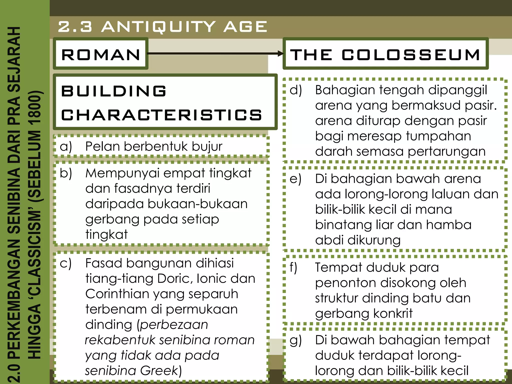 2.3 ANTIQUITY AGE
2.0 PERKEMBANGAN SENIBINA DARI PRA SEJARAH

                                             ROMAN                             THE COLOSSEUM
                                             BUILDING                          d) Bahagian tengah dipanggil
    HINGGA ‘CLASSICISM’ (SEBELUM 1800)



                                                                                  arena yang bermaksud pasir.
                                             CHARACTERISTICS                      arena diturap dengan pasir
                                                                                  bagi meresap tumpahan
                                             a) Pelan berbentuk bujur             darah semasa pertarungan
                                             b) Mempunyai empat tingkat        e) Di bahagian bawah arena
                                                dan fasadnya terdiri              ada lorong-lorong laluan dan
                                                daripada bukaan-bukaan            bilik-bilik kecil di mana
                                                gerbang pada setiap               binatang liar dan hamba
                                                tingkat                           abdi dikurung
                                             c) Fasad bangunan dihiasi         f)   Tempat duduk para
                                                tiang-tiang Doric, Ionic dan        penonton disokong oleh
                                                Corinthian yang separuh             struktur dinding batu dan
                                                terbenam di permukaan               gerbang konkrit
                                                dinding (perbezaan
                                                rekabentuk senibina roman      g) Di bawah bahagian tempat
                                                yang tidak ada pada               duduk terdapat lorong-
                                                senibina Greek)                   lorong dan bilik-bilik kecil
 