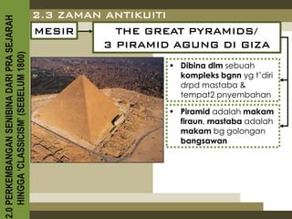 2.0 PERKEMBANGAN SENIBINA DARI PRA SEJARAH
                                             2.3 ZAMAN ANTIKUITI
                                             MESIR      THE GREAT PYRAMIDS/
                                                      3 PIRAMID AGUNG DI GIZA
    HINGGA ‘CLASSICISM’ (SEBELUM 1800)



                                                                Dibina dlm sebuah
                                                                 kompleks bgnn yg t’diri
                                                                 drpd mastaba &
                                                                 tempat2 pnyembahan

                                                                Piramid adalah makam
                                                                 firaun, mastaba adalah
                                                                 makam bg golongan
                                                                 bangsawan
 