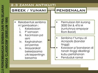 2.3 ZAMAN ANTIKUITI
2.0 PERKEMBANGAN SENIBINA DARI PRA SEJARAH

                                             GREEK / YUNANI      PENGENALAN
    HINGGA ‘CLASSICISM’ (SEBELUM 1800)



                                               Rekabentuk senibina       Permulaan lbh kurang
                                                m’gambarkan :              3000 SM & 476 M
                                                 i.   Kebebasan            (runtuhnya empayar
                                                 ii. P’samaan              Rom Barat)
                                                 iii. Kecintaan pd
                                                      seni                Senibina t’tumpu di
                                                 iv. Keghairahan           Acropolis (bandar
                                                      pd pentas            tinggi)
                                                 v. Masyarakat            Kawasan p’bandaran di
                                                      bekerjasama          tanah tinggi dikelilingi
                                                      utk kepentingn       kubu pertahanan
                                                      bersama             Penduduk ramai
 
