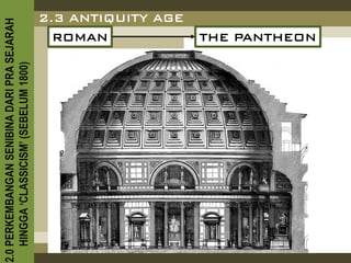 2.0 PERKEMBANGAN SENIBINA DARI PRA SEJARAH
    HINGGA ‘CLASSICISM’ (SEBELUM 1800)
                                       ROMAN
                                     2.3 ANTIQUITY AGE
                                     THE PANTHEON
 