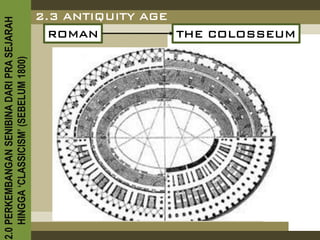 2.0 PERKEMBANGAN SENIBINA DARI PRA SEJARAH
    HINGGA ‘CLASSICISM’ (SEBELUM 1800)
                                       ROMAN
                                     2.3 ANTIQUITY AGE
                                                       THE COLOSSEUM
 