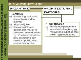 2.3 ANTIQUITY AGE
2.0 PERKEMBANGAN SENIBINA DARI PRA SEJARAH

                                             BYZANTINE         ARCHITECTURAL
                                              MATERIAL
                                                               FACTORS
    HINGGA ‘CLASSICISM’ (SEBELUM 1800)



                                             a) Utk dinding, batu-bata
                                                ditutupi plaster dan
                                                marmar
                                             b) Atap dari jubin            TECHNOLOGY
                                             c) Kemasan dalaman           a) Penciptaan pendentive
                                                adalah dari mozek yg      b) Iaitu struktur lengkung yg
                                                berwarna emas dan biru       menyokong kubah di atas
                                                yg m’berikan kesan khas      pelan segiempat sama
                                                iaitu bercahaya dan
                                                bersinar apabila kena
                                                pancaran matahari
 