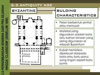 2.3 ANTIQUITY AGE
2.0 PERKEMBANGAN SENIBINA DARI PRA SEJARAH

                                             BYZANTINE           BULDING
                                                                 CHARACTERISTICS
    HINGGA ‘CLASSICISM’ (SEBELUM 1800)



                                                                  Pelan berbentuk sentral
                                                                   atau memusat
                                                                  Material yang
                                                                   digunakan adalah bata
                                                                   iaitu bahan binaan yang
                                                                   sering digunakan di
                                                                   wilayah Byzantium
                                                                  Kubah hemisfera
                                                                   diperbuat daripada
                                                                   bata atau batu porus
                                                                   yang ringan seperti batu
                                                                   pumis
 