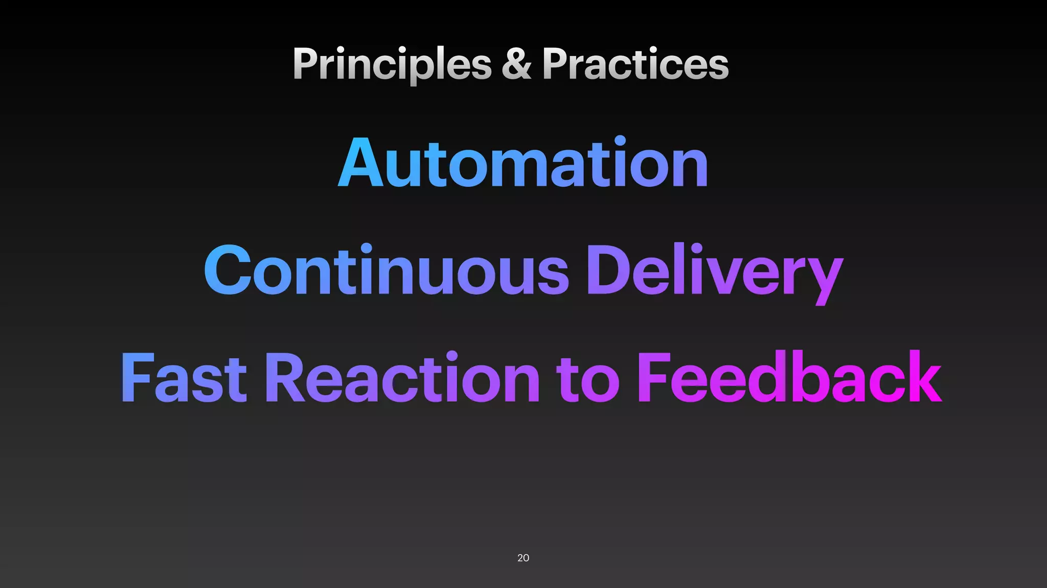 Automation
Continuous Delivery
Fast Reaction to Feedback
Principles & Practices
20
 