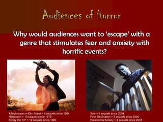 Audiences of Horror
Why would audiences want to ‘escape’ with a
genre that stimulates fear and anxiety with
horrific events?
A Nightmare on Elm Street = 9 sequels since 1984 Saw = 6 sequels since 2004
Halloween = 10 sequels since 1978 Final Destination = 5 sequels since 2000
Friday the 13th = 12 sequels since 1980 Paranormal Activity = 4 sequels since 2007
 