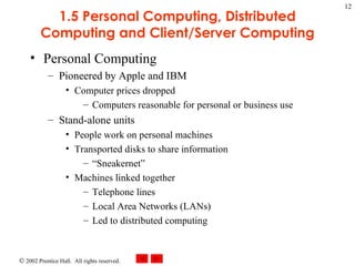 1.5 Personal Computing, Distributed Computing and Client/Server Computing Personal Computing Pioneered by Apple and IBM Computer prices dropped Computers reasonable for personal or business use Stand-alone units People work on personal machines Transported disks to share information “ Sneakernet” Machines linked together Telephone lines Local Area Networks (LANs) Led to distributed computing 