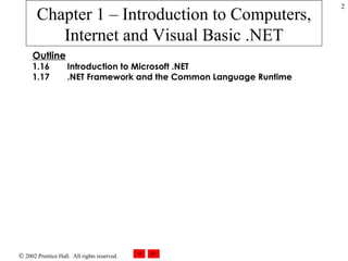 Chapter 1 – Introduction to Computers, Internet and Visual Basic .NET Outline 1.16 Introduction to Microsoft .NET 1.17 .NET Framework and the Common Language Runtime 