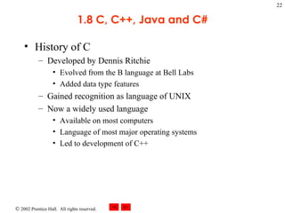 1.8 C, C++, Java and C# History of C Developed by Dennis Ritchie Evolved from the B language at Bell Labs Added data type features Gained recognition as language of UNIX Now a widely used language Available on most computers Language of most major operating systems Led to development of C++ 