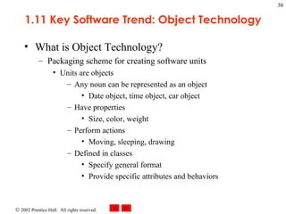 1.11 Key Software Trend: Object Technology What is Object Technology? Packaging scheme for creating software units Units are objects Any noun can be represented as an object Date object, time object, car object Have properties Size, color, weight Perform actions Moving, sleeping, drawing Defined in classes Specify general format Provide specific attributes and behaviors 