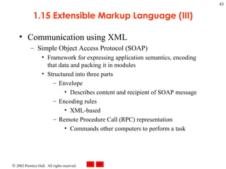 1.15 Extensible Markup Language (III) Communication using XML Simple Object Access Protocol (SOAP) Framework for expressing application semantics, encoding that data and packing it in modules Structured into three parts Envelope Describes content and recipient of SOAP message Encoding rules XML-based Remote Procedure Call (RPC) representation Commands other computers to perform a task 