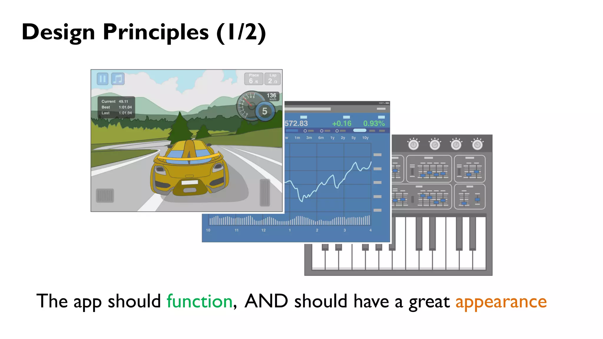 Design Principles (1/2)
The app should function, AND should have a great appearance
 