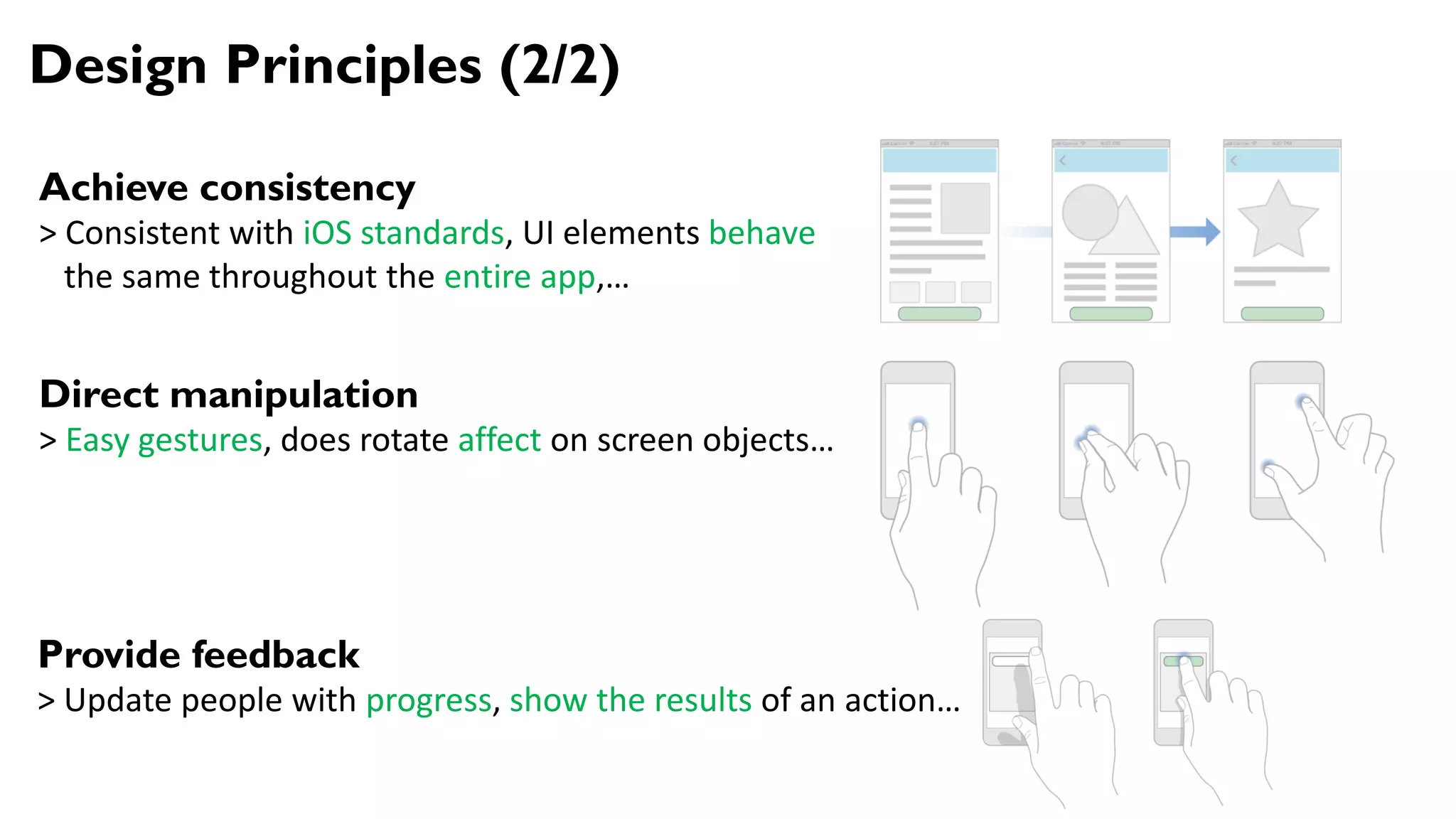 Design Principles (2/2)
Achieve consistency
> Consistent with iOS standards, UI elements behave
the same throughout the entire app,…
Direct manipulation
> Easy gestures, does rotate affect on screen objects…
Provide feedback
> Update people with progress, show the results of an action…
 